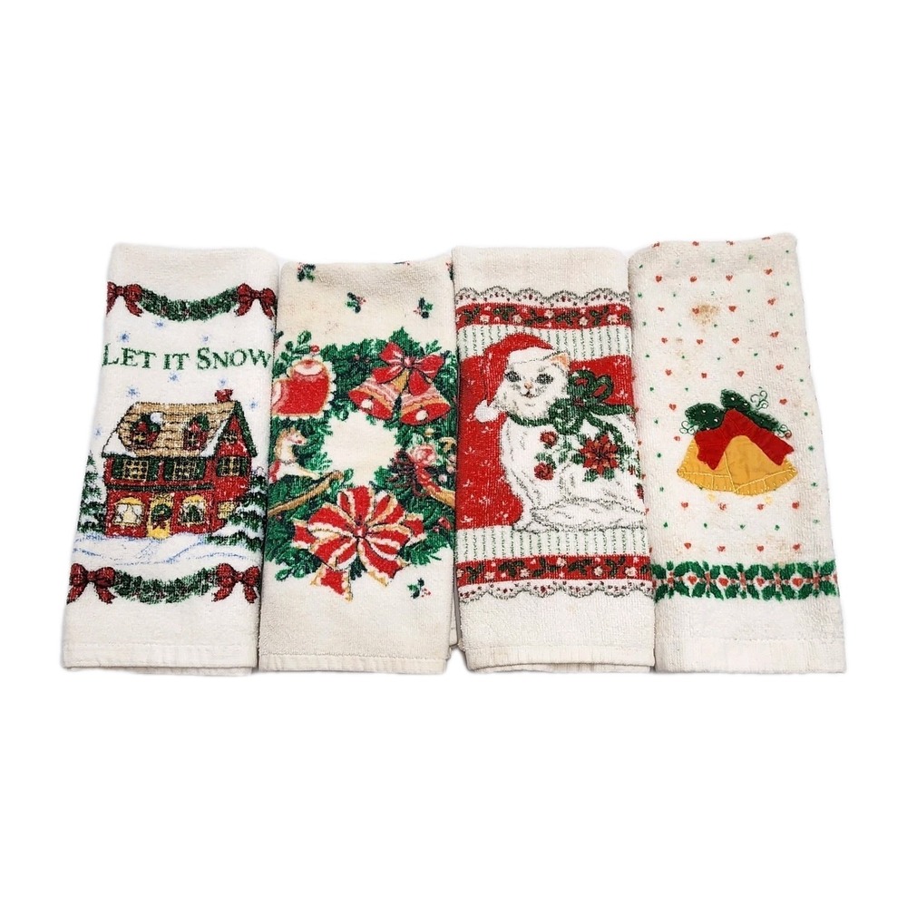 Vintage Cannon Christmas Themed Hand Towels Lot of 4 24x14 Cat Bells Wreath Snow